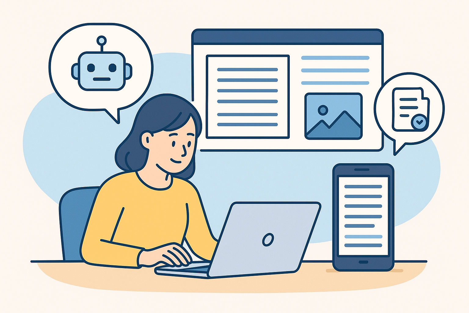 ChatGPTでブログ記事を自動作成する方法とおすすめAIライティングツールの内容を説明する本文イラスト
